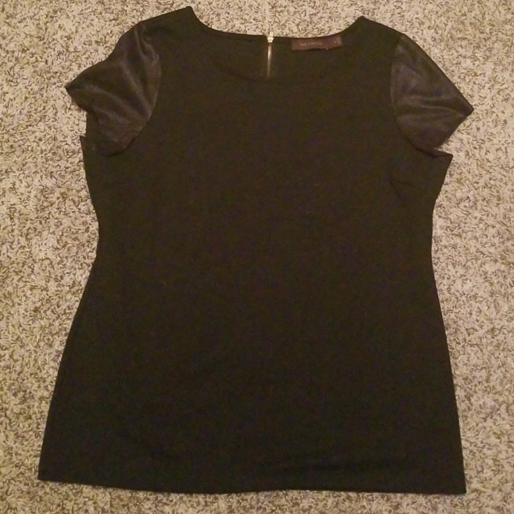 Black top with faux suede cap sleeves